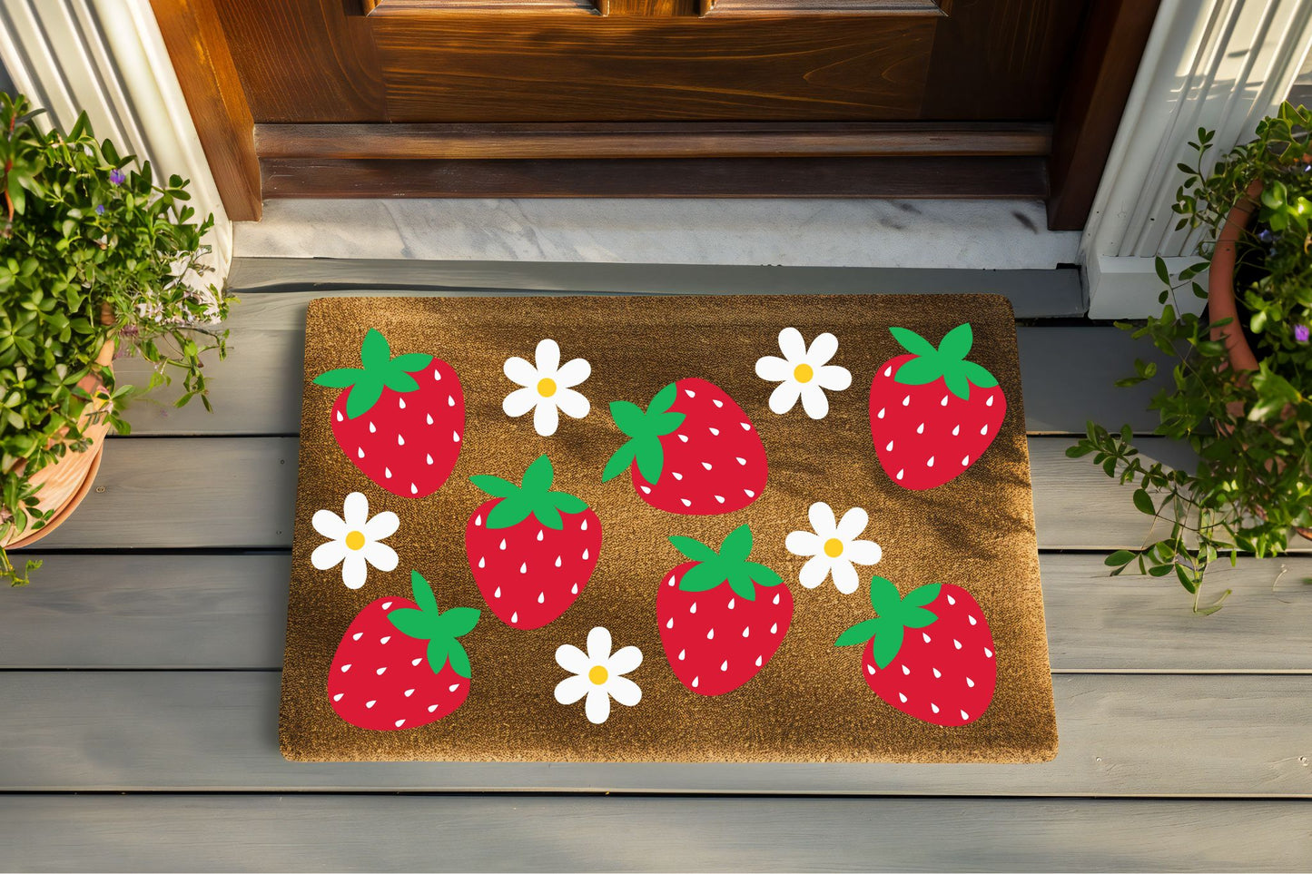Doormat with strawberry and flower design on a wooden floor