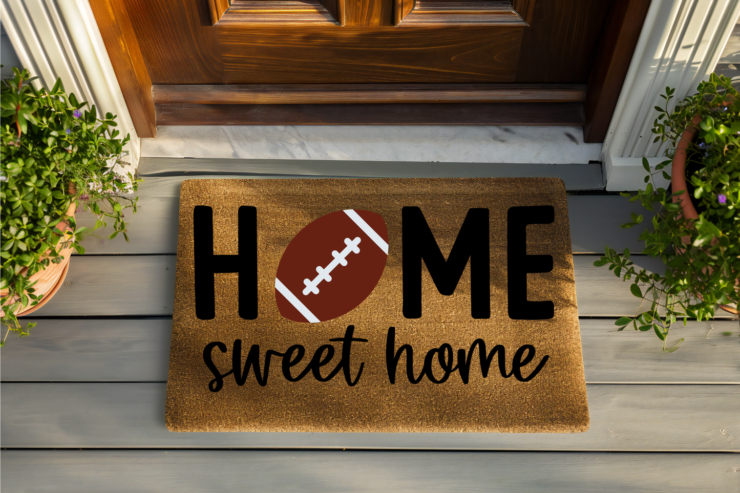 Doormat with 'Home sweet home' and football design on a wooden porch.