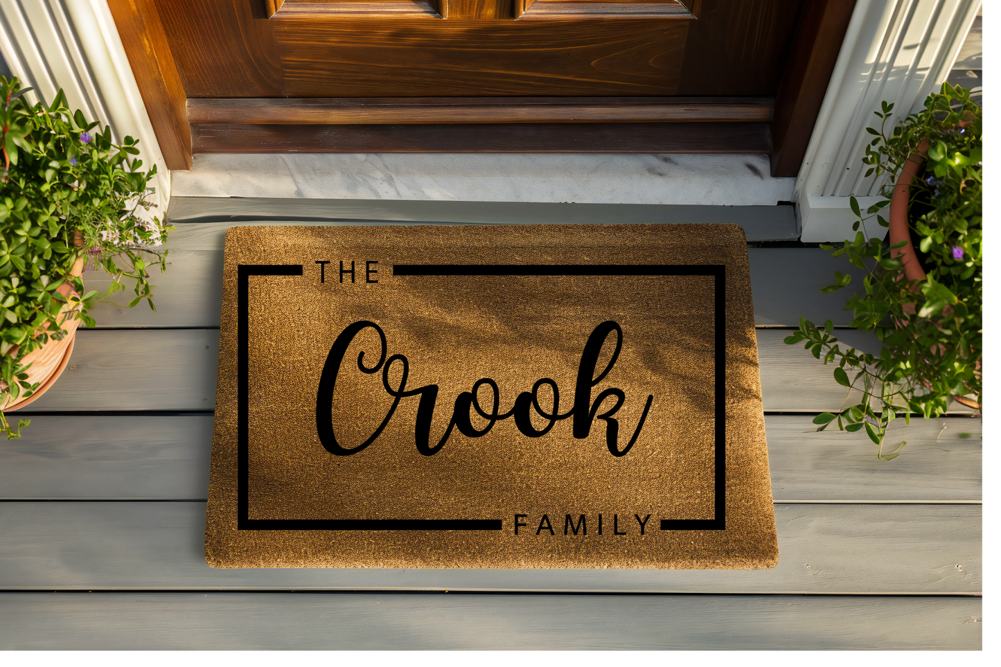 Doormat with 'The Crook Family' text on a wooden floor