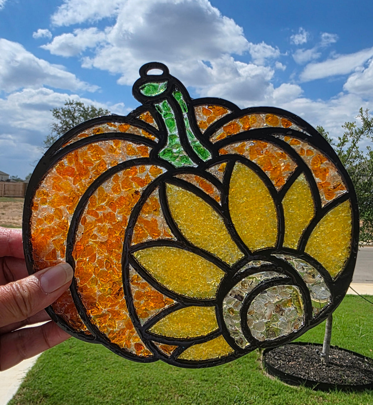 Sunflower Pumpkin Crushed Glass Suncatcher – 8 Inch Resin Window Art CC008