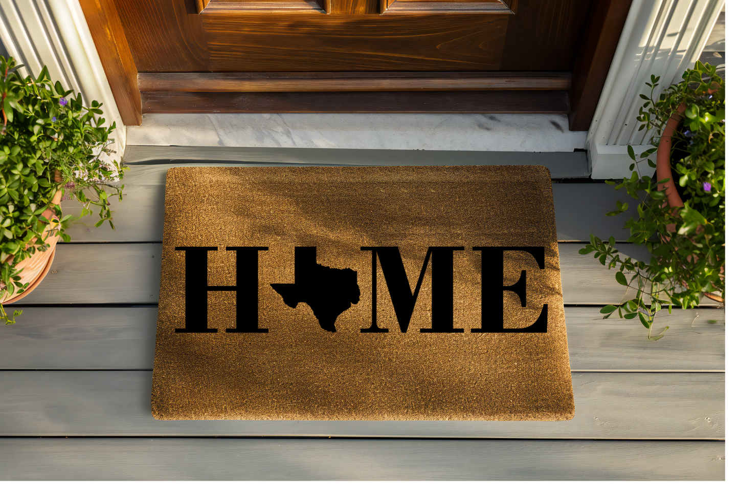 Doormat with 'HOME' and Texas shape design on a wooden deck