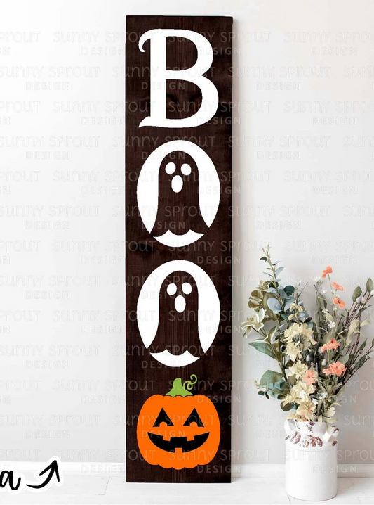 Halloween-themed vertical sign with 'BOO' and pumpkin design on a white background