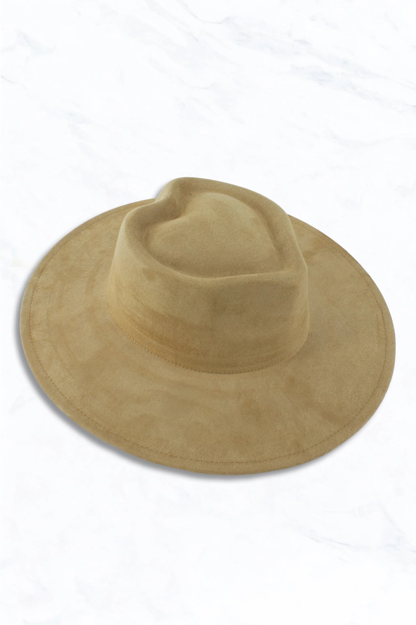 Camel Wide Brim Hat with Heart Pinched Crown