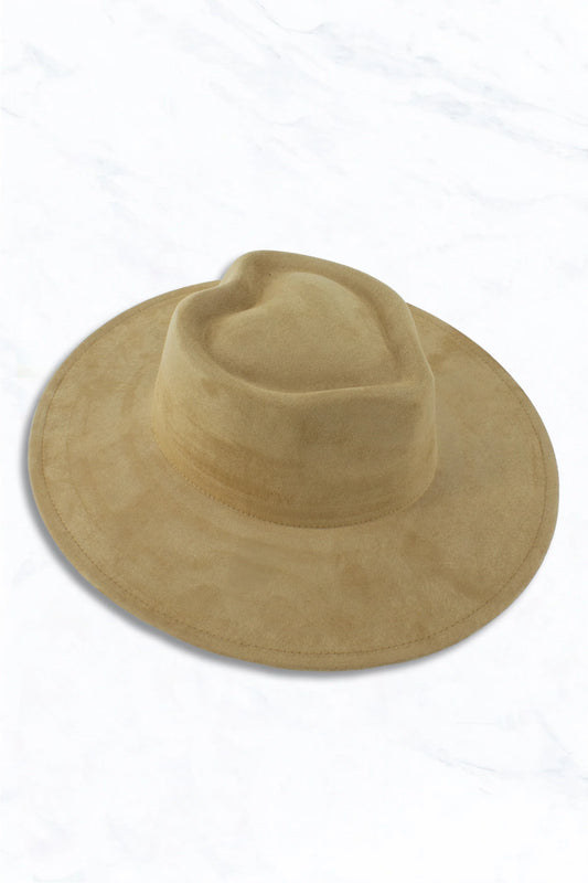 Camel Wide Brim Hat with Heart Pinched Crown