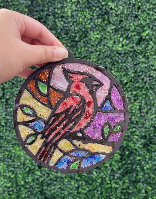 Cardinal Crushed Glass Suncatcher – 8 Inch Round Resin Window Art CC007