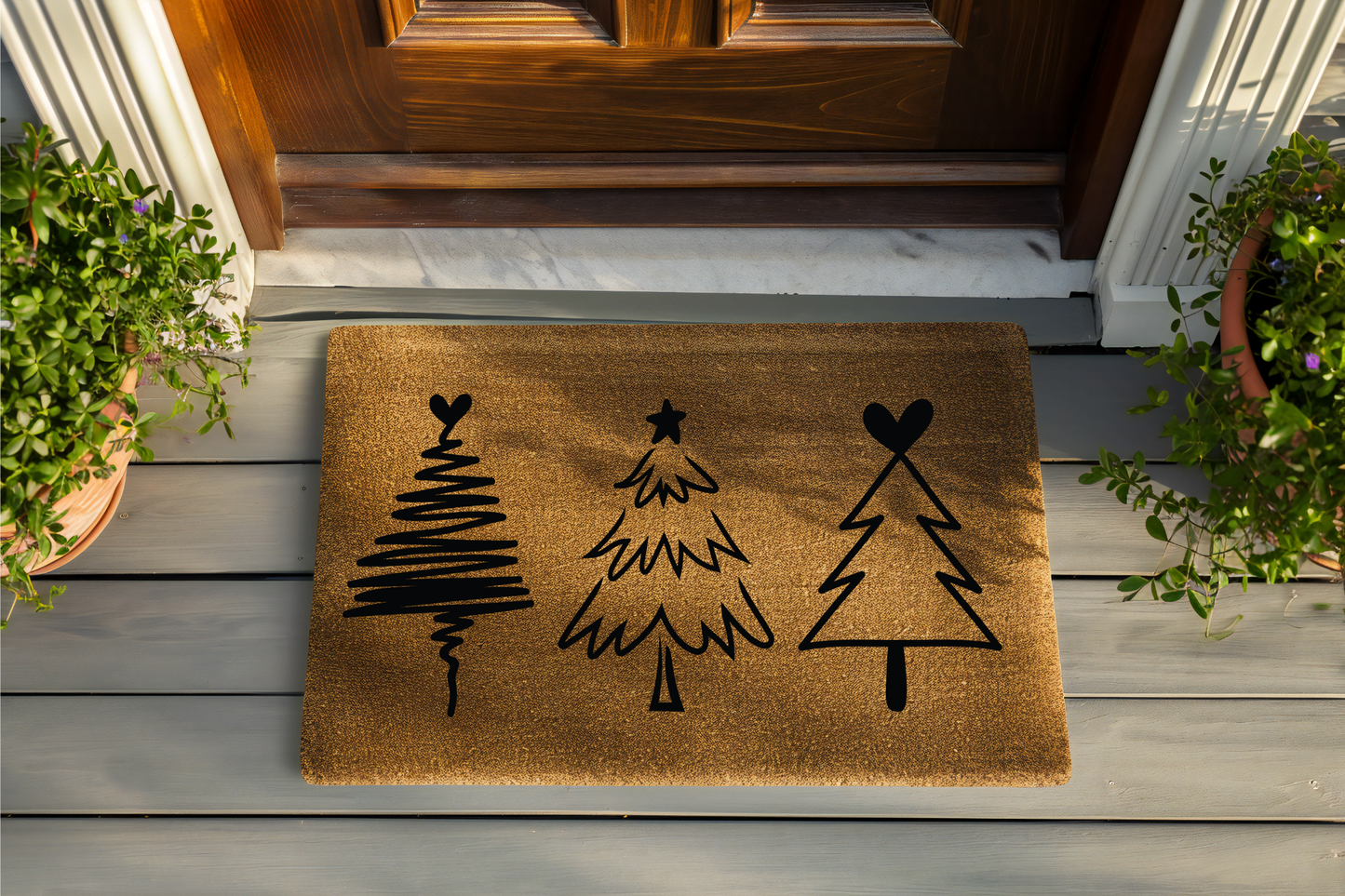Doormat with tree designs on a wooden porch