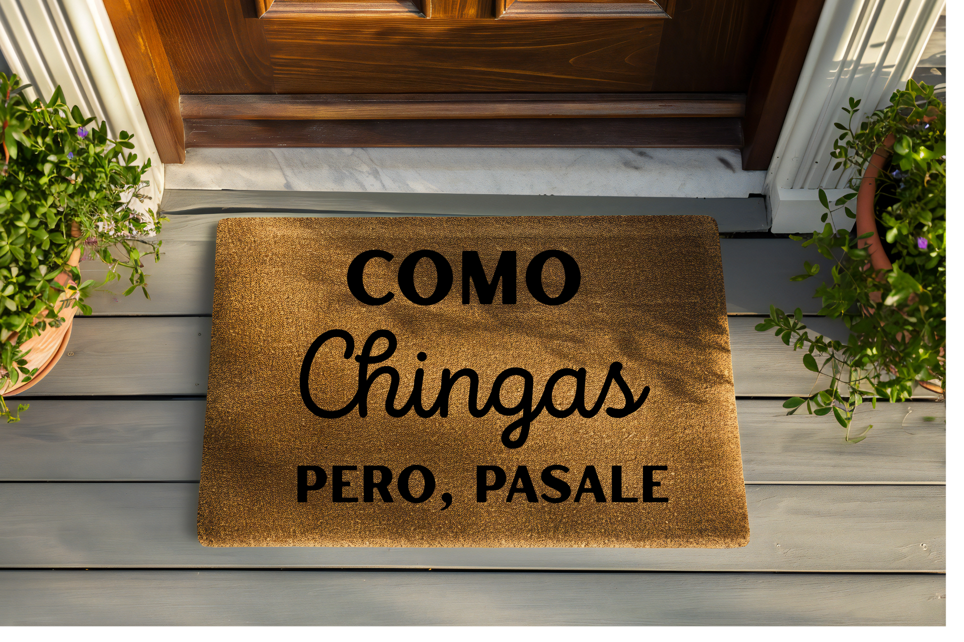Doormat with humorous text on a wooden floor outside a house.