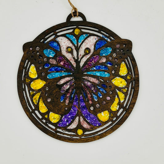 Butterfly Crushed Glass Suncatcher – 8 Inch Round Resin Window Art CC005