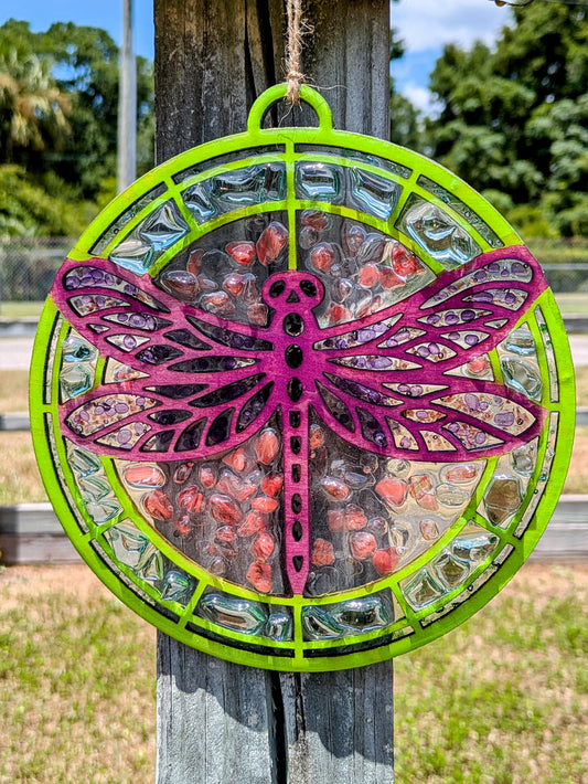 Dragonfly Crushed Glass Suncatcher – 8 Inch Round Resin Window Art CC001