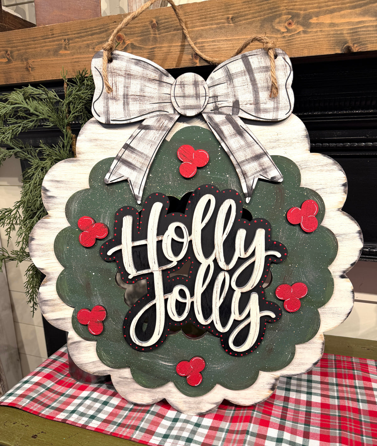 Holly Jolly Wreath Christmas Door Hanger Sign CC010
