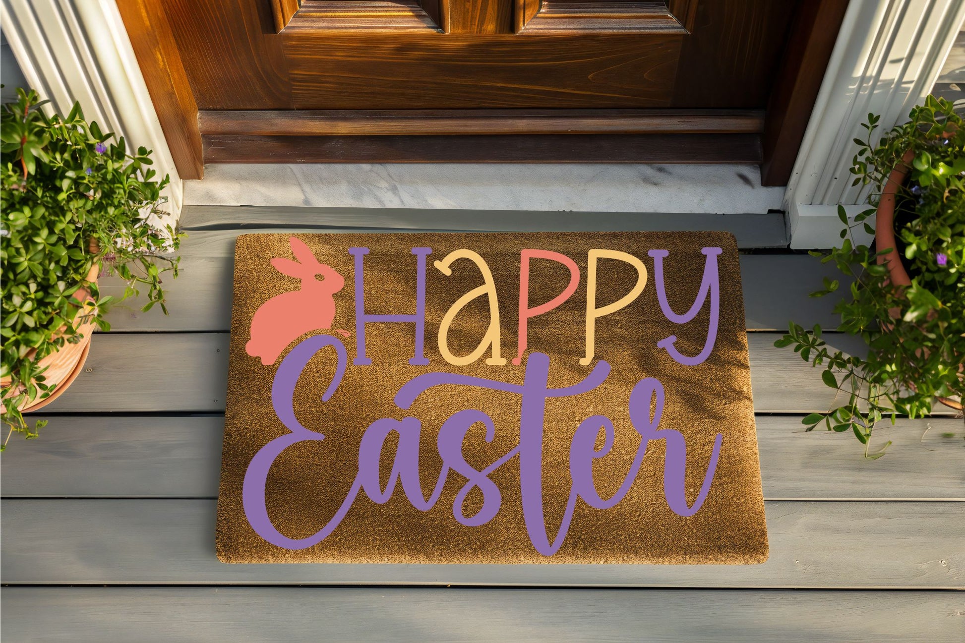 Doormat with 'Happy Easter' text and bunny on a wooden porch