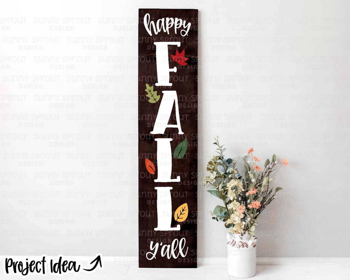 Decorative sign with 'Happy Fall Y'all' text on a white background