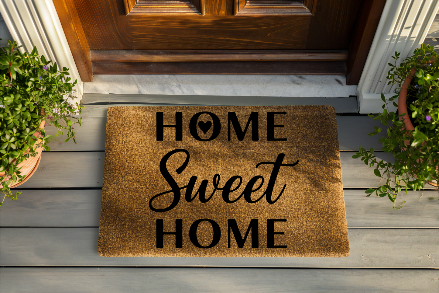 Doormat with 'Home Sweet Home' text on a wooden floor