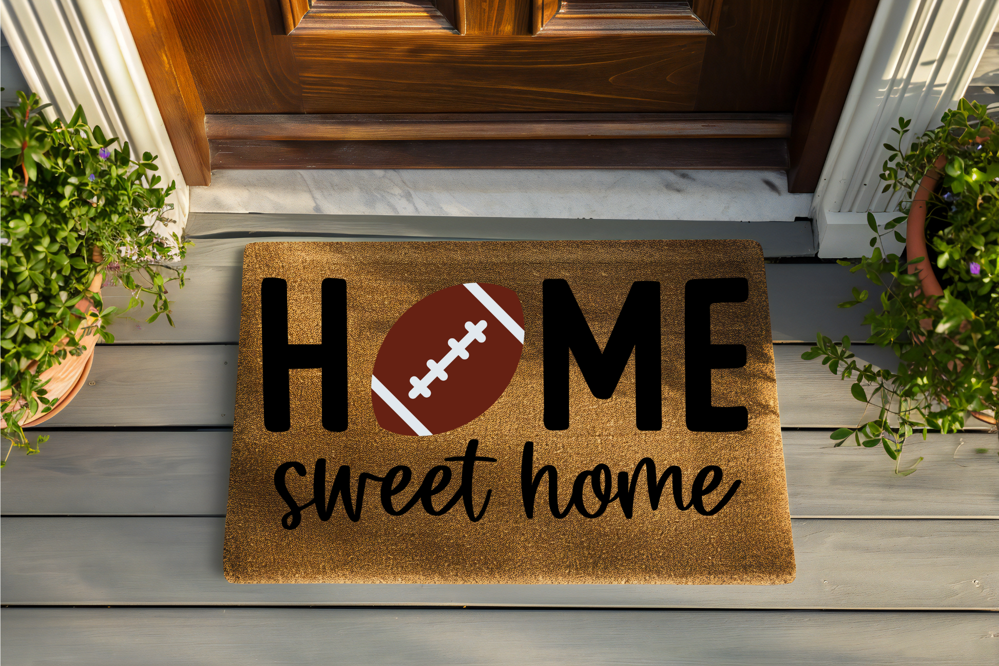 Doormat with 'Home sweet home' and football design on a wooden porch.