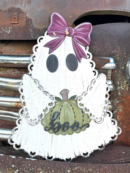 Wood Lace ghost with bow on top and holding a wooden painted pumpkin.