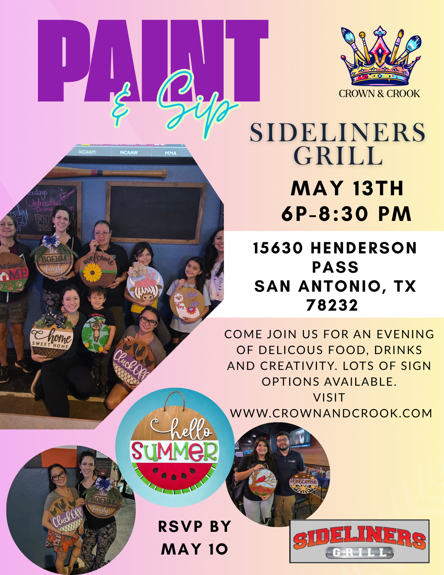Promotional flyer for a 'Paint & Sip' event at Sideliners Grill with contact information and details.