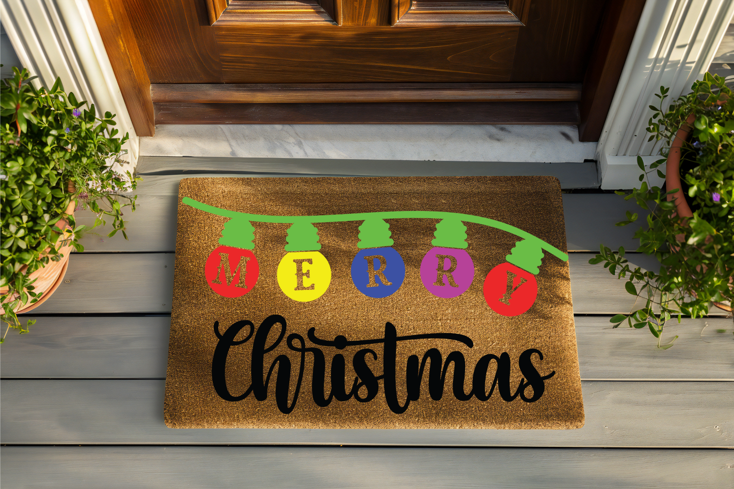 Doormat with 'Merry Christmas' text and colorful lights on a wooden floor.