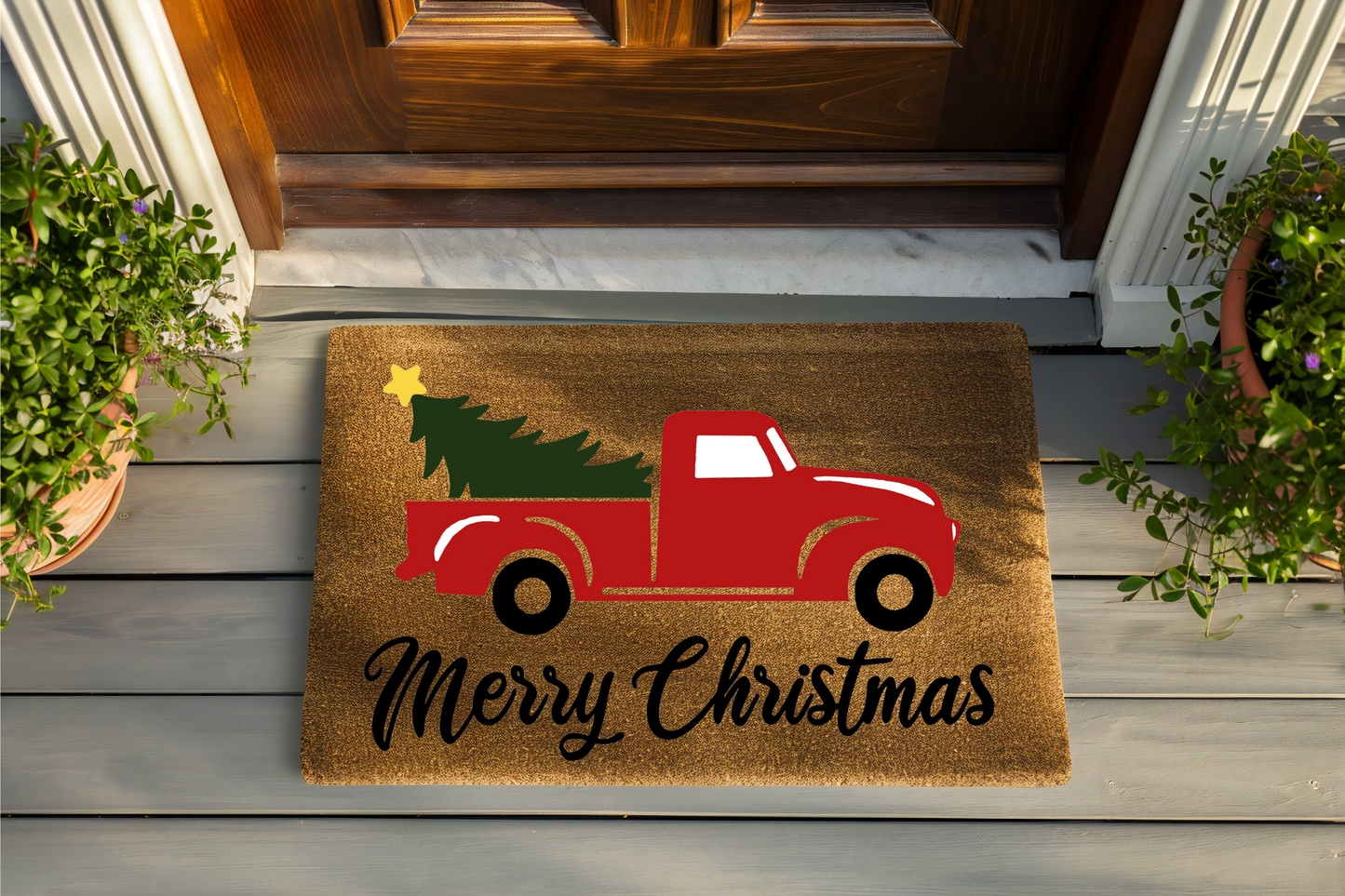 Christmas doormat with red truck and tree design on a wooden porch.