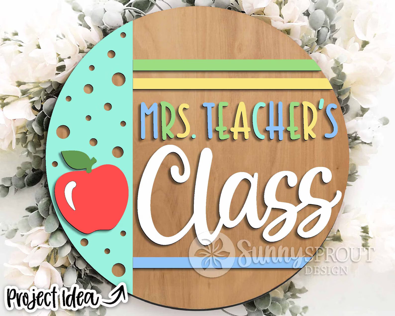 Personalized Teacher woos round sign with an apple