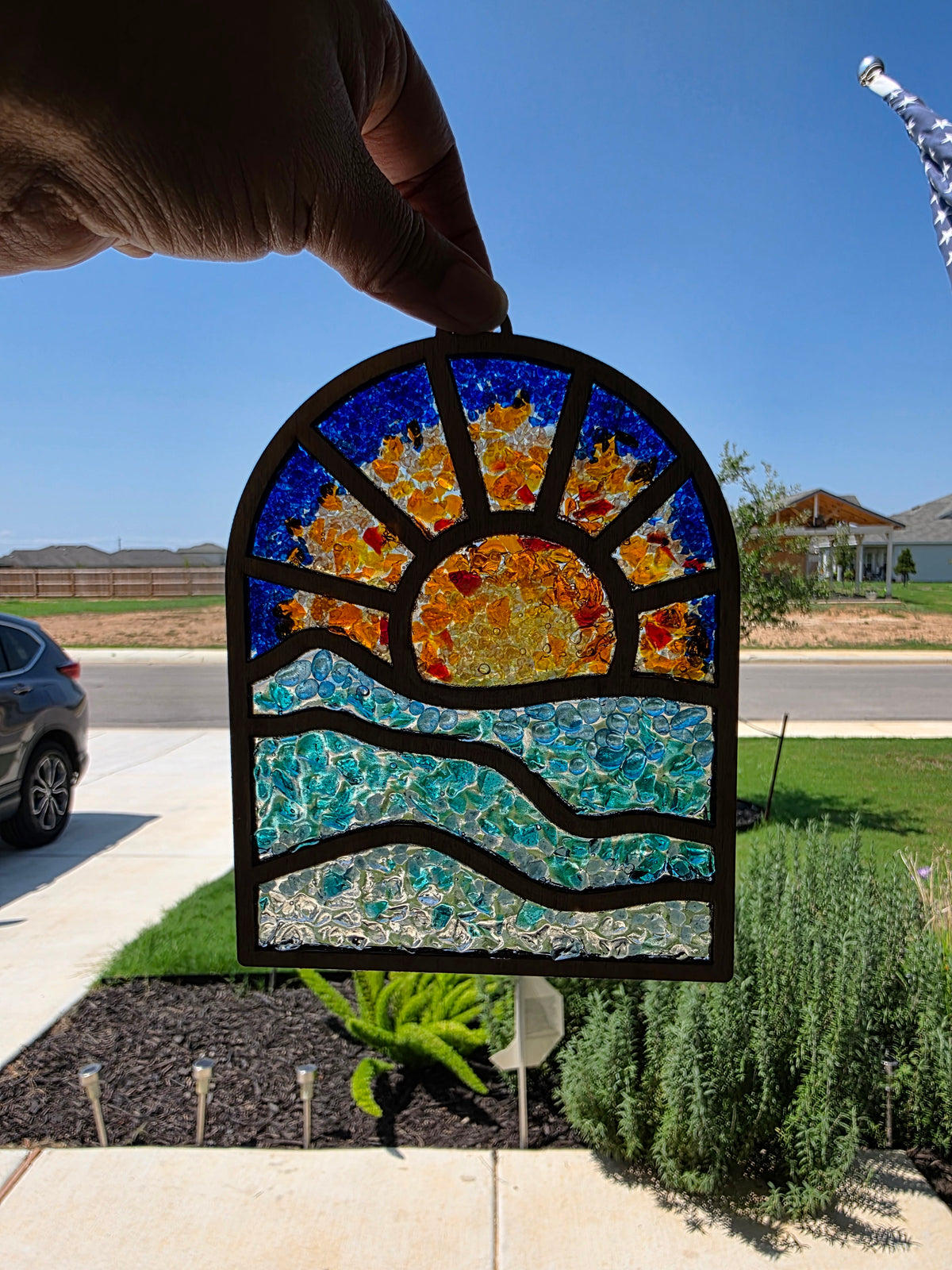 Ocean Sunset Arch Crushed Glass Suncatcher – 8 Inch Resin Window Art CC009