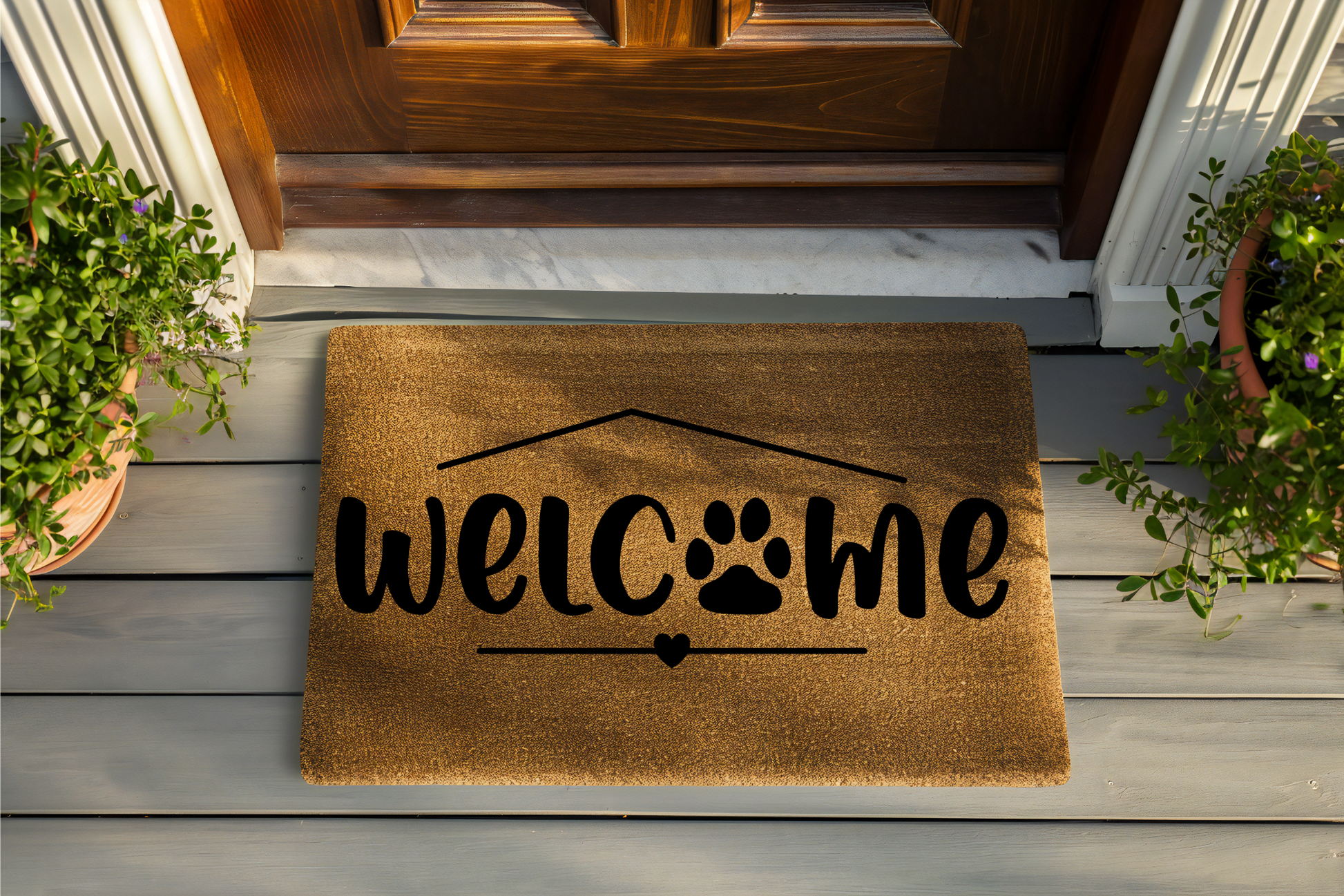 Doormat with 'Welcome' and paw print design on a wooden floor.