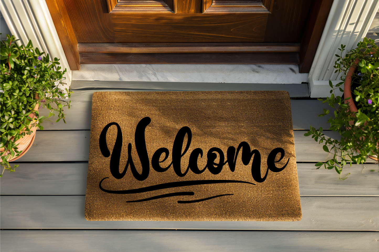 Doormat with 'Welcome' text on a wooden floor, flanked by plants.