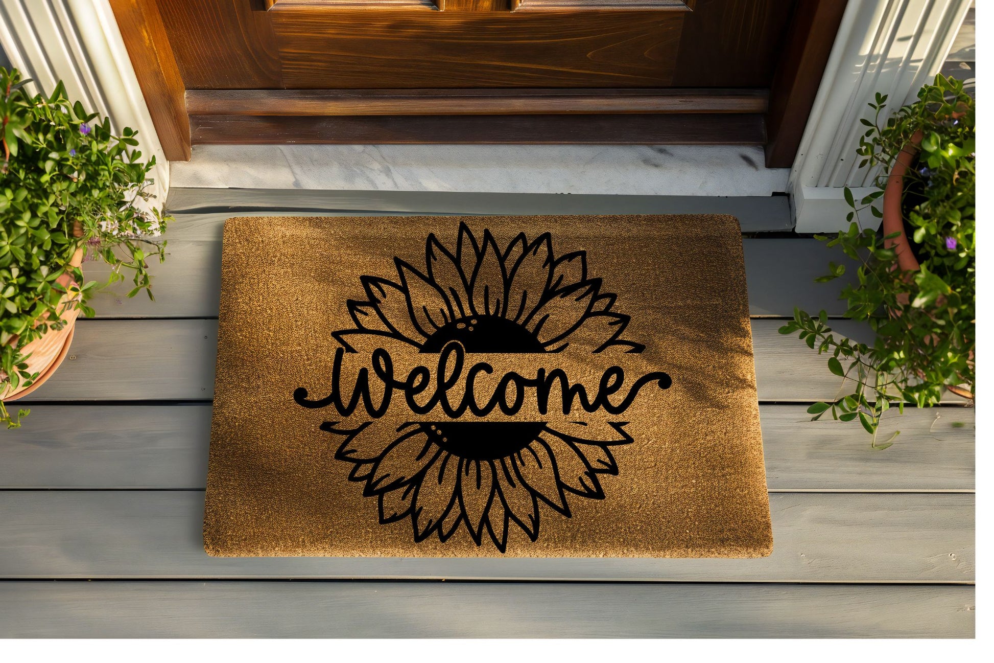 Doormat with sunflower design and 'welcome' text on a wooden deck.